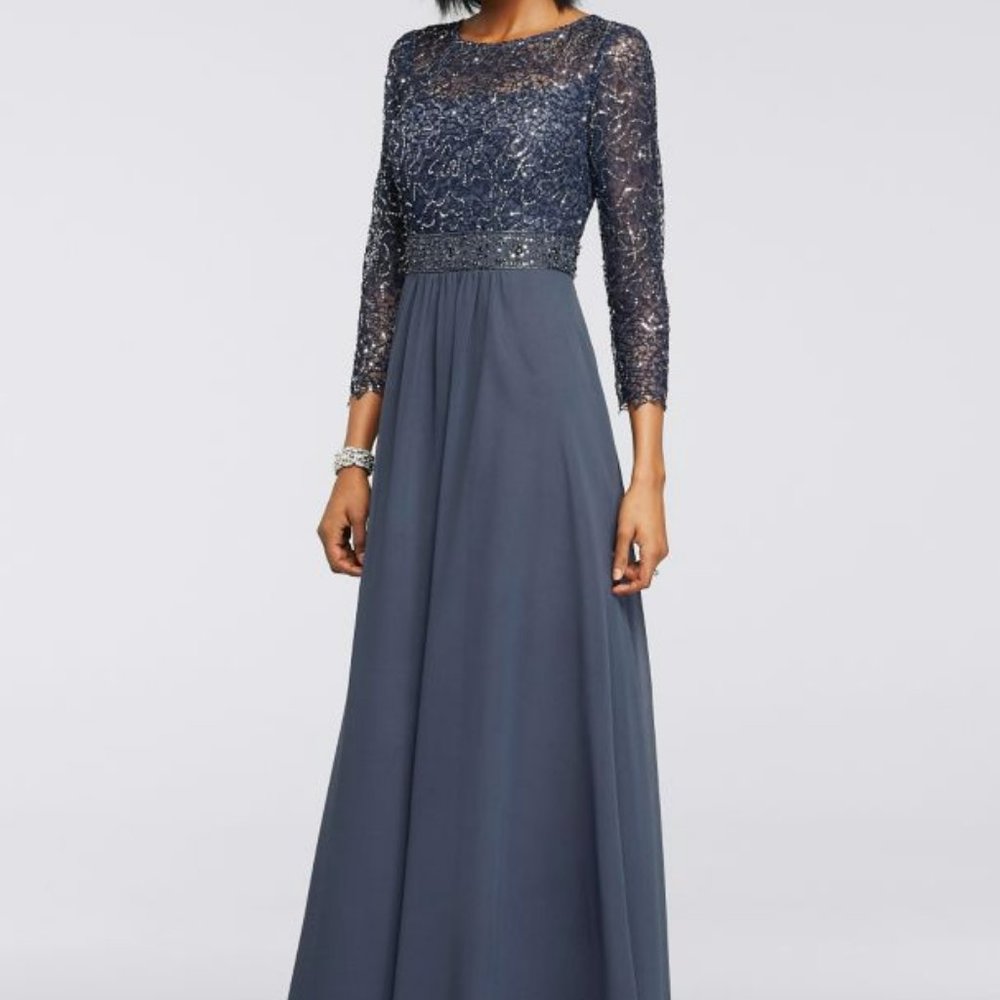 sequin lace long chiffon dress with 3/4 sleeves MSRP $239